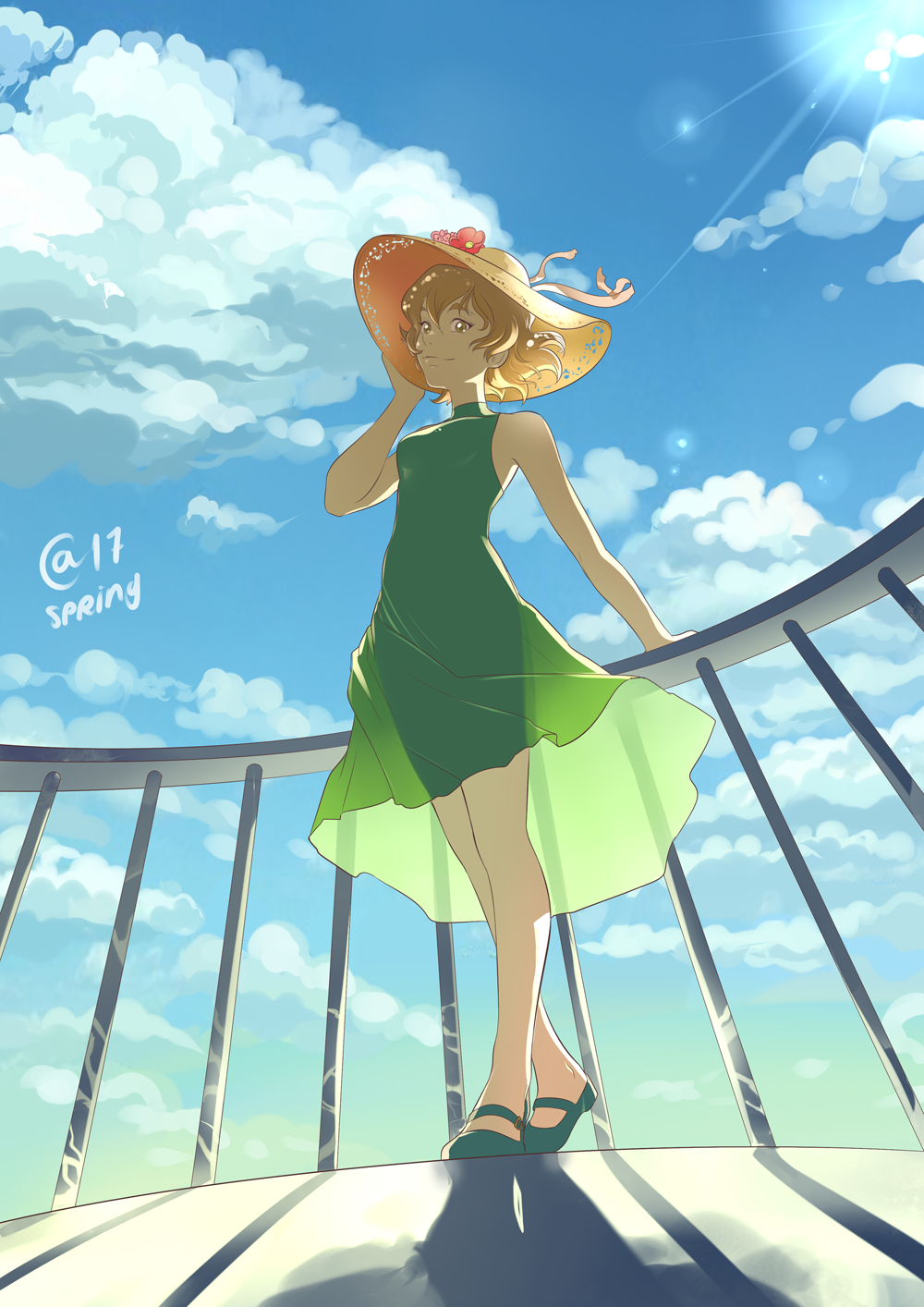 1girl, blue_sky, breasts, brown_eyes, brown_hair, clouds, day, dress, from_below, green_dress, guard_rail, hat, highres, hyakujuu-ou_golion, mary_janes, outdoors, pidge_gunderson, railing, sasha_gladysh, see-through_silhouette, shadow, shoes, sky, sleeveless, small_breasts, solo, standing, sun, sun_hat, voltron:_legendary_defender