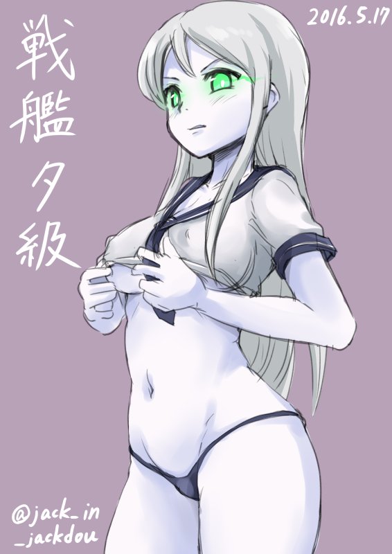 1girl, breasts, burning_eyes, character_name, cowboy_shot, dated, green_eyes, grey_hair