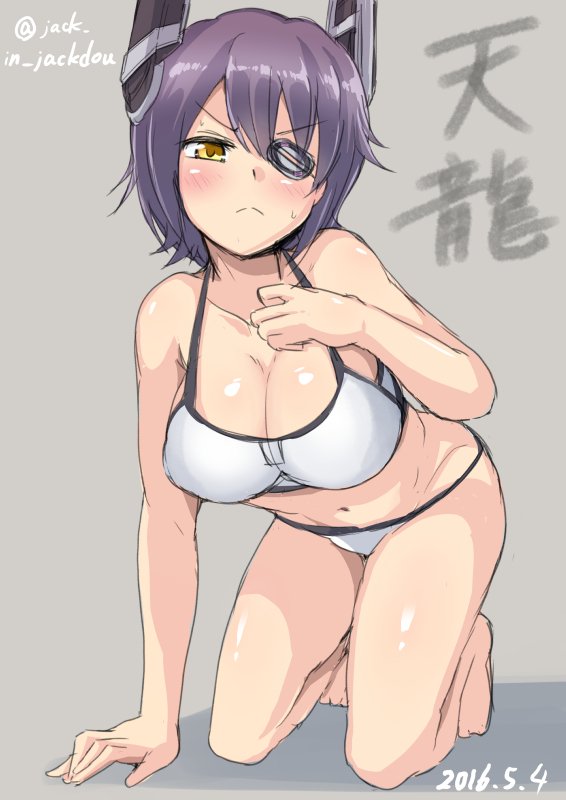 1girl, :<, bikini, breasts, character_name, cleavage, collarbone, dated, eyepatch, frown, headgear, jack_(jackdou), kantai_collection, kneeling, large_breasts, navel, purple_hair, shiny, shiny_skin, solo, sweatdrop, swimsuit, tenryuu_(kantai_collection), twitter_username, white_bikini, yellow_eyes
