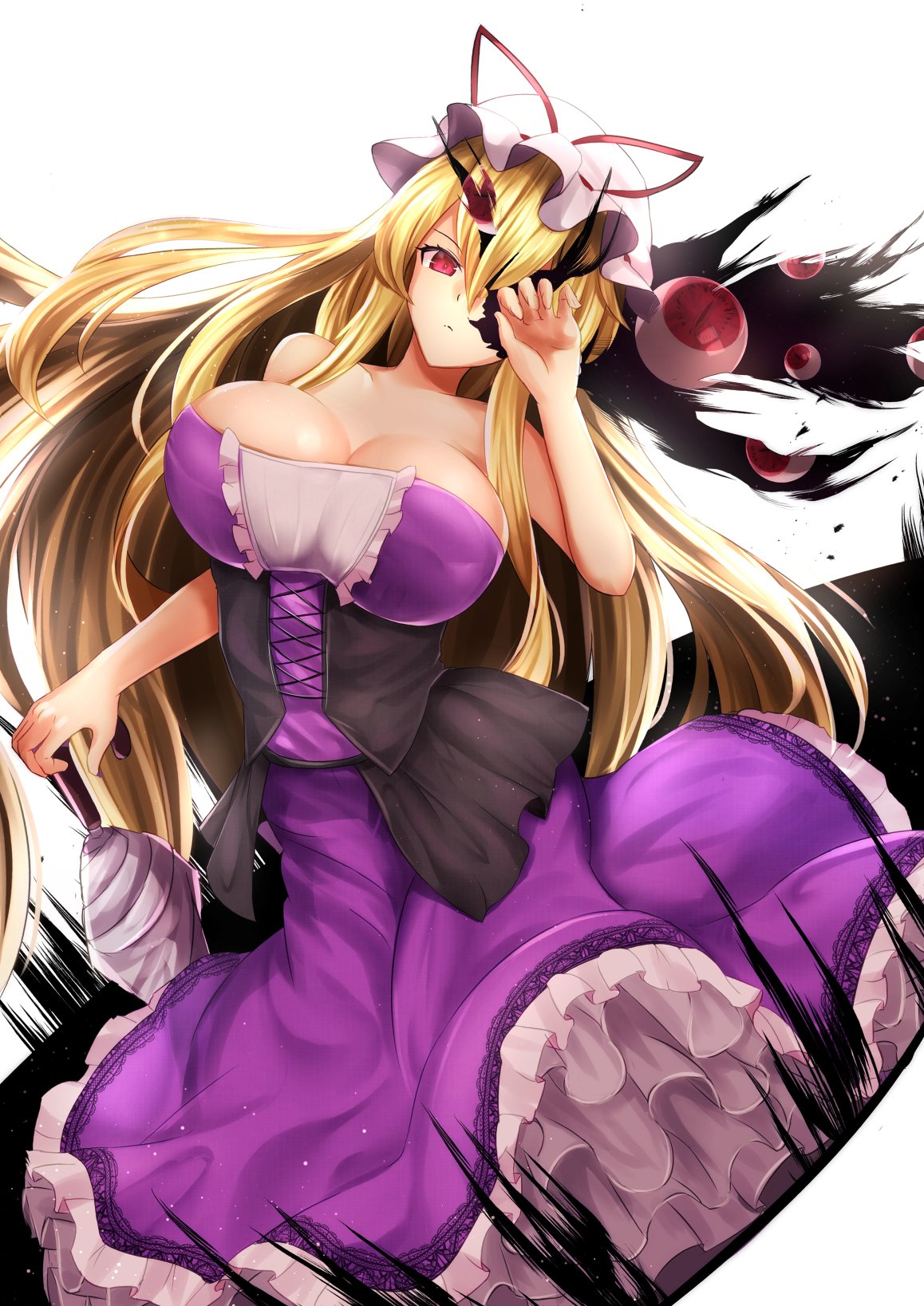 >:(, 1girl, adapted_costume, bangs, bare_arms, bare_shoulders, blonde_hair, breasts