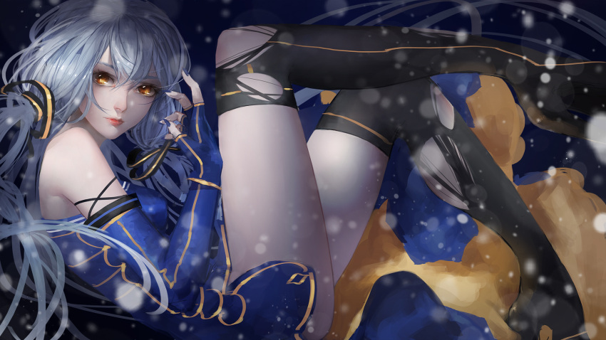 1girl, bare_shoulders, black_legwear, blue_dress, blue_hair, dress, elbow_gloves, fingerless_gloves