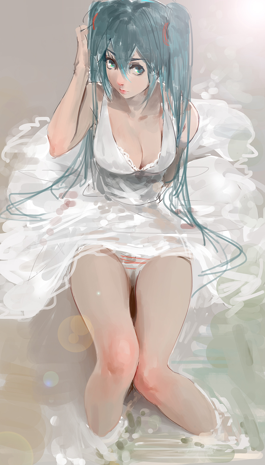 1girl, aqua_eyes, aqua_hair, beach, breasts, cleavage, dress, g_q