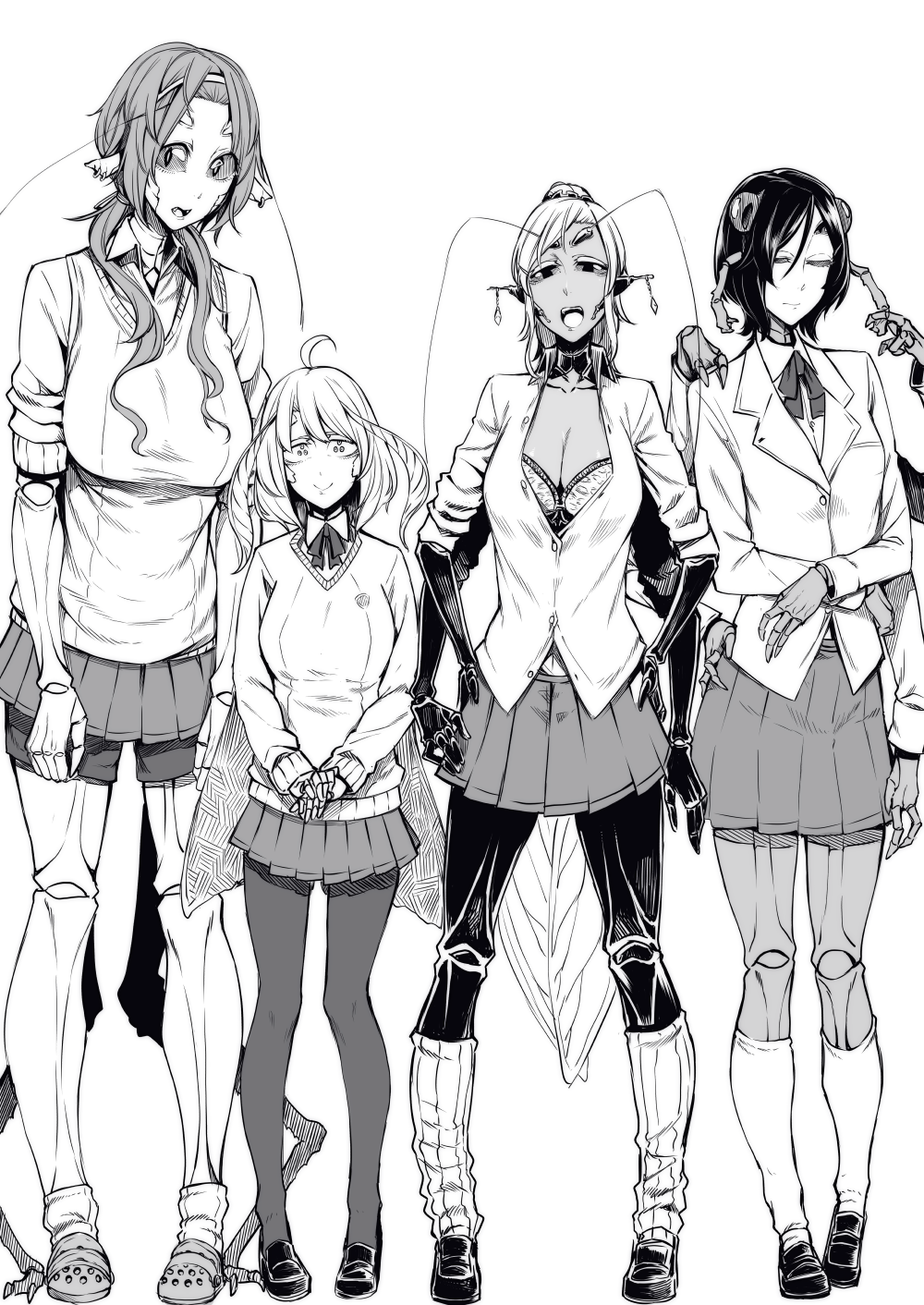 4girls, antenna_hair, arachne, breasts, extra_eyes, highres, insect_girl, large_breasts