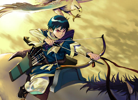 1boy, arrow, bird, black_hair, bow_(weapon), drawing_bow, eagle, horse, horseback_riding, ninagawa_yaeko, pants, quiver, red_eyes, riding, robe, scar, shoes, short_hair, shut_hell, weapon, yaralt, yurul