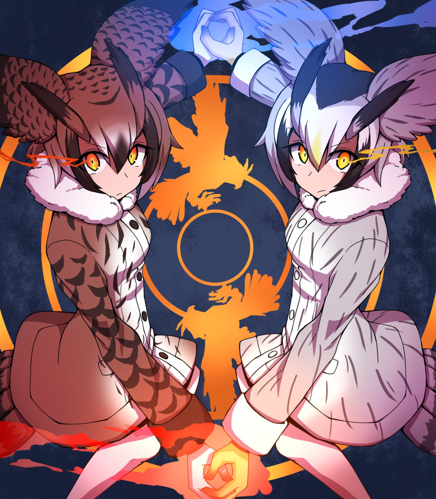 2girls, bangs, bird, bird_tail, black_hair, blonde_hair, blue_background, breasts
