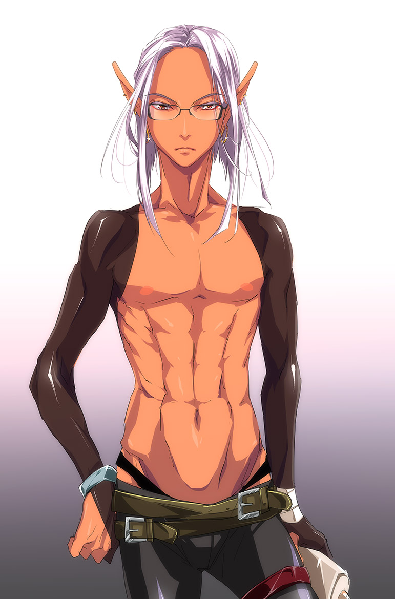 1boy, belt, cowboy_shot, dark_elf, dark_skin, earrings, elf, glasses