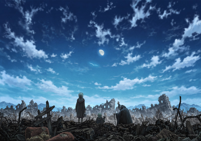 cloud, clouds, moon, robe, rubble, ruins, scenery, shirakaba_toshiharu