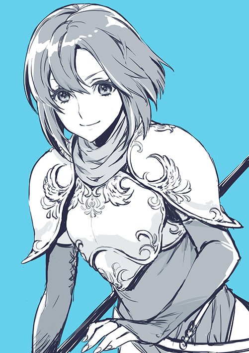 1girl, armor, blue_background, breastplate, fire_emblem, katua, lance, long_sleeves