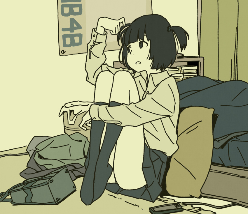 1girl, akb48, bag, bed, bed_sheet, bedroom, black_legwear, bob_cut, bookshelf, cable, cellphone, collared_shirt, comforter, curtains, dress_shirt, handbag, highres, hosoo, indoors, kneehighs, laundry, leg_hug, long_sleeves, looking_to_the_side, monochrome, nmb48, on_floor, open_mouth, original, panties, panty_peek, pantyshot, phone, pillow, pleated_skirt, poster_(object), rug, school_uniform, shirt, short_hair, skirt, smartphone, solo, two_side_up, underwear, wing_collar