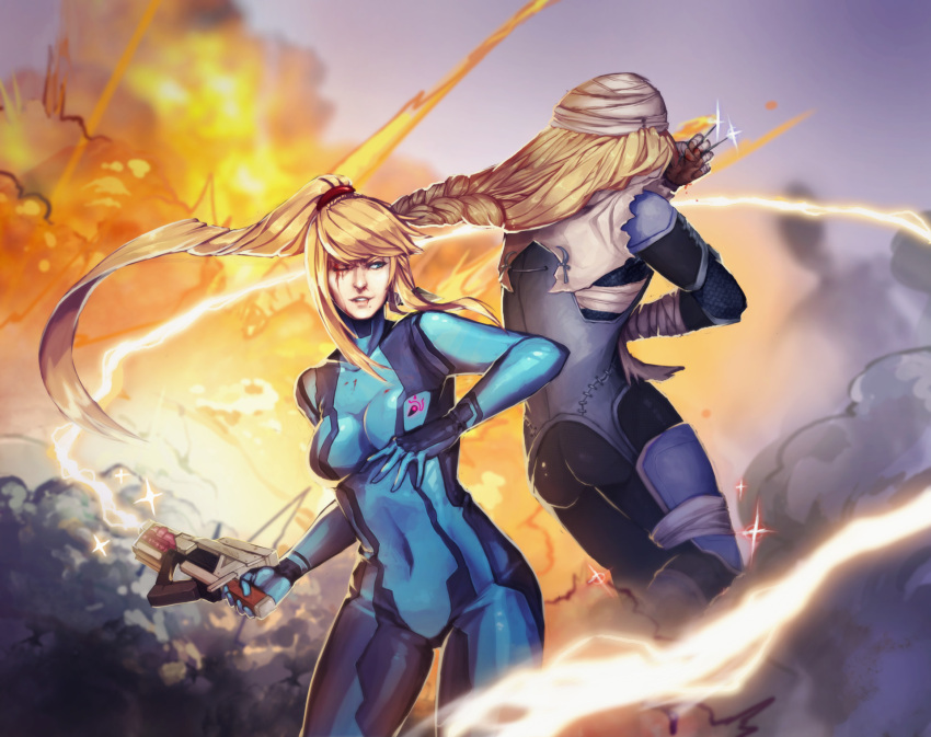 2girls, androgynous, ass, back, bandage, bandaged_arm, bangs, blonde_hair, blood, blood_on_face, bodysuit, braid, breasts, covered_navel, explosion, green_eyes, gun, hand_up, hat, high_ponytail, highres, holding, holding_gun, holding_weapon, injury, lokii, long_hair, medium_breasts, metroid, mole, mole_under_mouth, multiple_girls, one_eye_closed, parted_lips, ponytail, reverse_trap, samus_aran, sheik, sidelocks, single_braid, smile, sparkle, super_smash_bros., surcoat, the_legend_of_zelda, the_legend_of_zelda:_ocarina_of_time, the_legend_of_zelda:_twilight_princess, very_long_hair, weapon, zero_suit