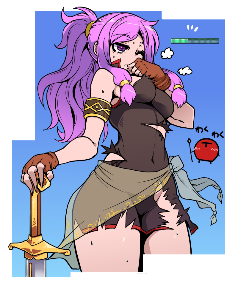 1girl, armband, bare_shoulders, blush, breasts, chibi_inset, covered_navel, cowboy_shot