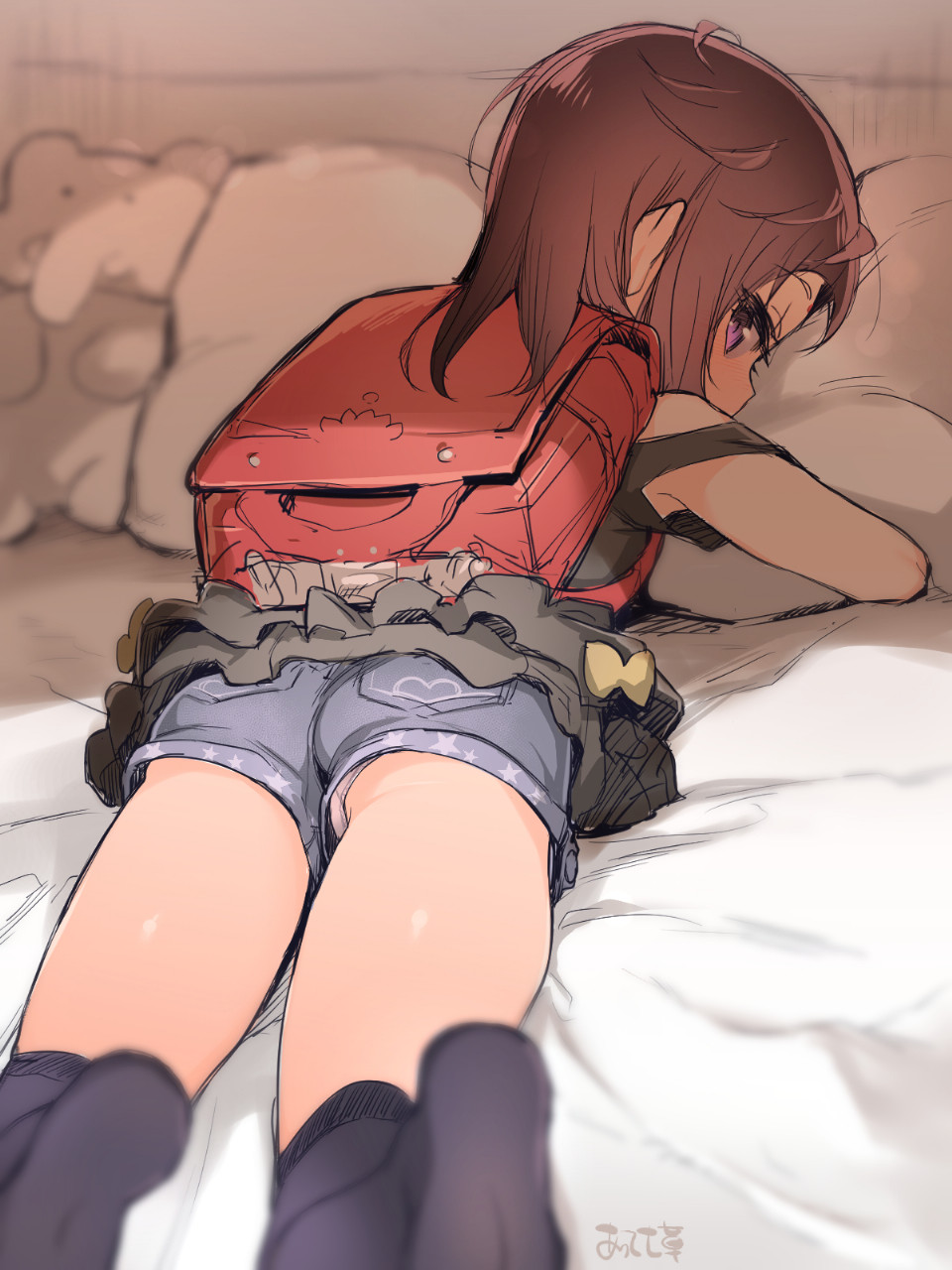 1girl, artist_name, atte7kusa, backpack, bag, bed_sheet, black_legwear, blue_shorts, blurry, brown_hair, child, depth_of_field, highres, looking_at_viewer, looking_back, lying, on_bed, on_stomach, original, over-kneehighs, pillow, randoseru, short_shorts, shorts, sidelocks, signature, soles, solo, stuffed_elephant, stuffed_toy, thigh-highs, thighs, violet_eyes