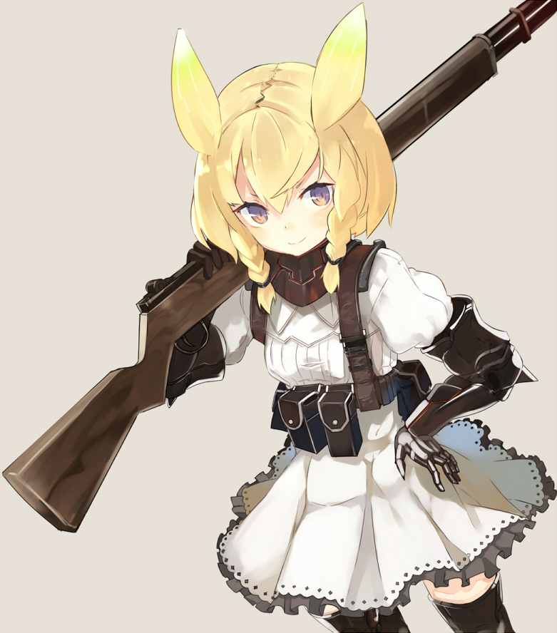 1girl, animal_ears, armor, belt, belt_pouch, black_boots, blonde_hair, blush