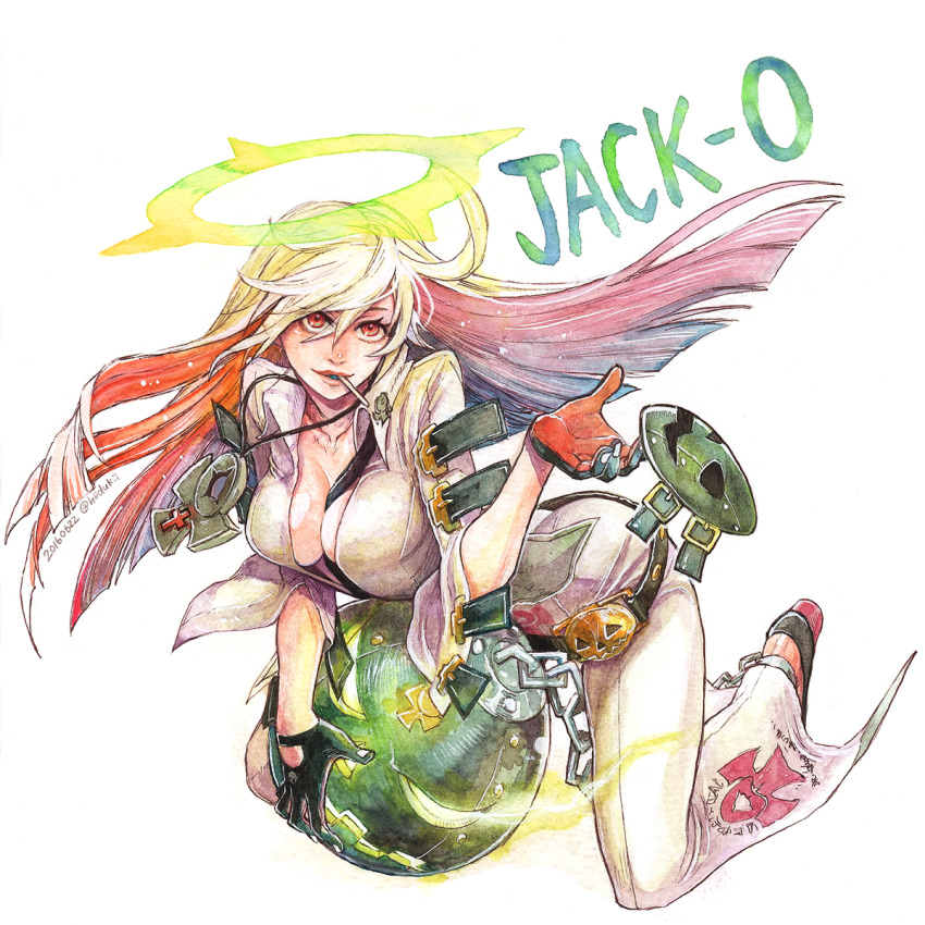 1girl, ankh, ball_and_chain_restraint, between_breasts, bodysuit, breasts, candy, character_name
