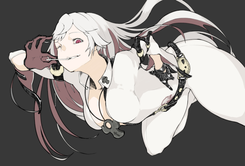 1girl, ;), ankh, black_gloves, bodysuit, breasts, candy, cleavage