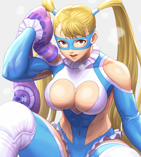 1girl, abs, bare_shoulders, blonde_hair, breasts, brown_eyes, cleavage, cleavage_cutout, heart_cutout, heavy_breathing, knee_pads, large_breasts, leotard, long_hair, mask, noppo_(tarstation), rainbow_mika, revealing_clothes, sitting, solo, street_fighter, street_fighter_v, sweat, toned, towel, twintails, wrestling_outfit