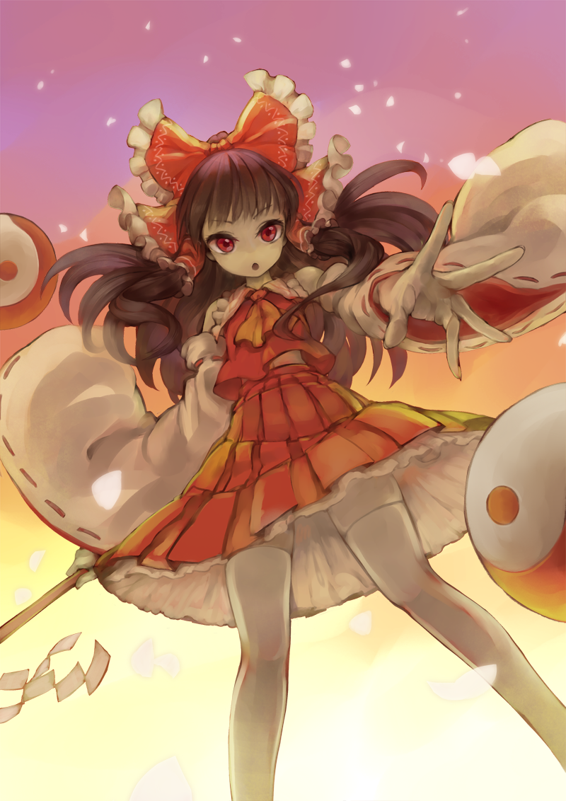 1girl, ascot, bow, brown_hair, detached_sleeves, gohei, hair_bow, hair_tubes
