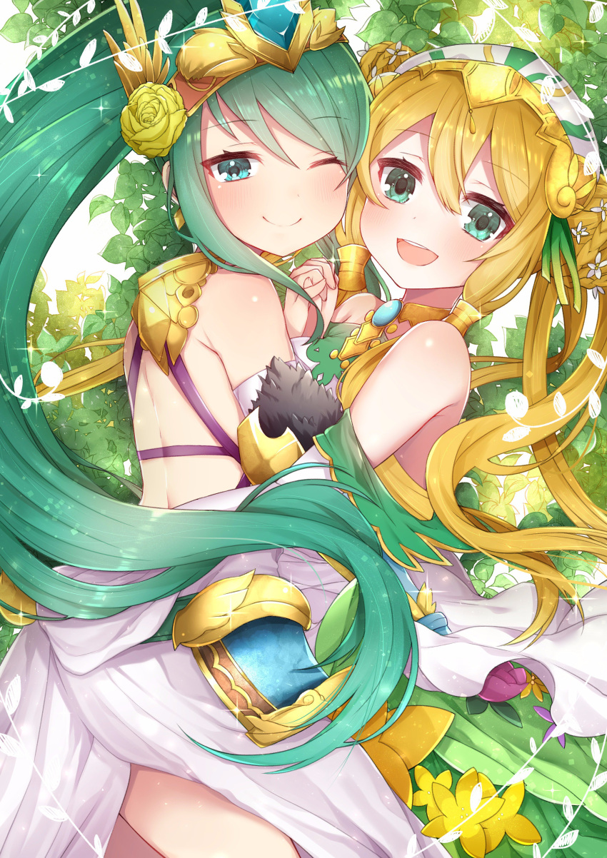 2girls, :d, ;), absurdres, akiran'nu, artemis_(p&amp;d), bangs, bare_back