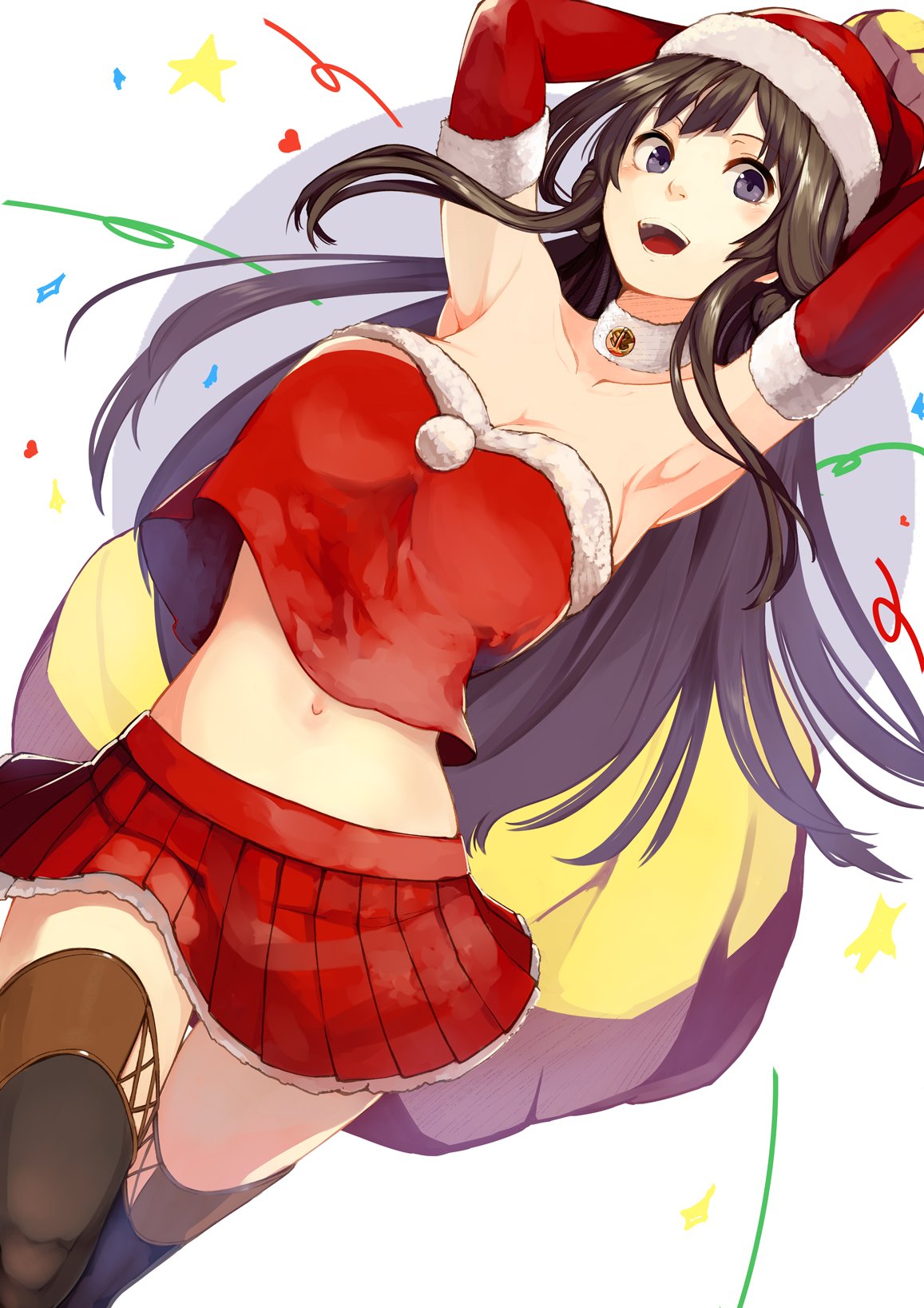1girl, :d, alternate_costume, artist_request, black_hair, boots, breasts, brown_hair