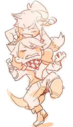 1boy, 1girl, 8'108, animal_ears, boots, checkered_scarf, chibi, daina_(vocaloid), dex_(vocaloid), fangs, fox_ears, fox_tail, long_hair, lowres, monochrome, ponytail, scarf, short_hair, smile, sweatdrop, tail, vocaloid, wolf_ears, wolf_tail