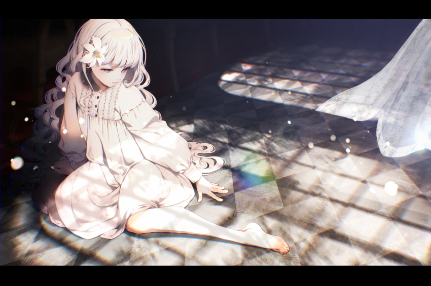 1girl, bare_legs, barefoot, buttons, checkered, checkered_floor, closed_mouth, curtains