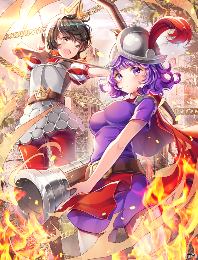 2girls, antique_firearm, arrow, artist_name, bangs, blunderbuss, blush, bow_(weapon)