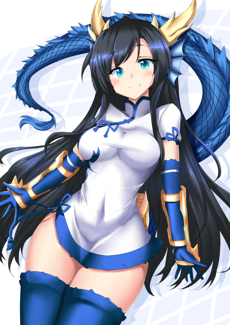 1girl, aqua_eyes, bangs, black_hair, blue_gloves, blue_legwear, blush, bracer