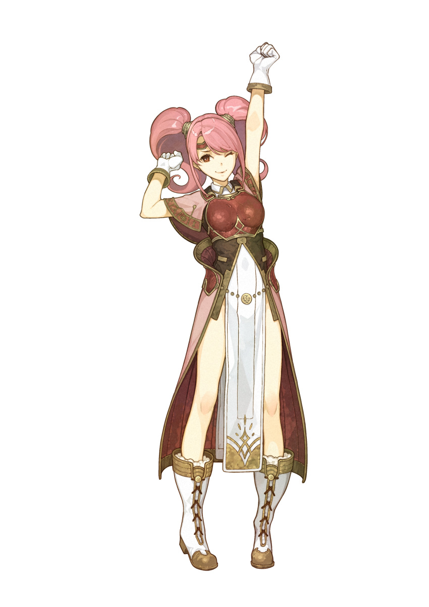 1girl, absurdres, arm_up, boots, breastplate, curly_hair, dress, fire_emblem