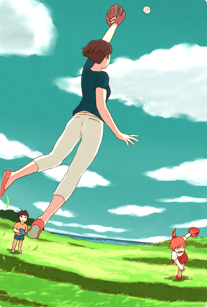 1boy, 2girls, baseball, baseball_glove, brown_hair, closed_eyes, clouds, cloudy_sky