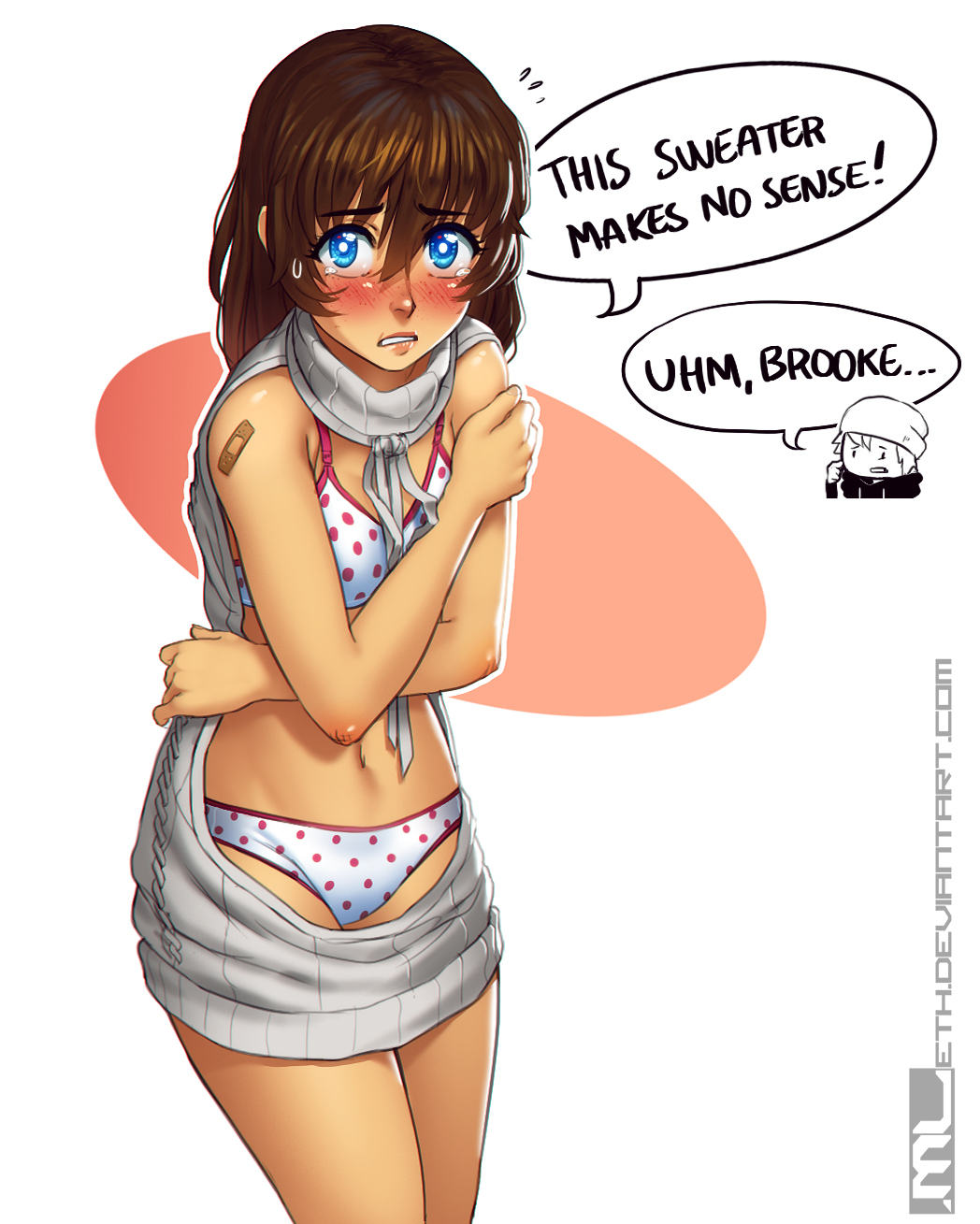 1girl, aran_sweater, artist_self-insert, bandaid, bandaid_on_arm, blue_eyes, blush, bra