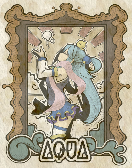 1girl, animal, animal_on_head, aqua_(konosuba), art_deco, bird, blue_hair, character_name
