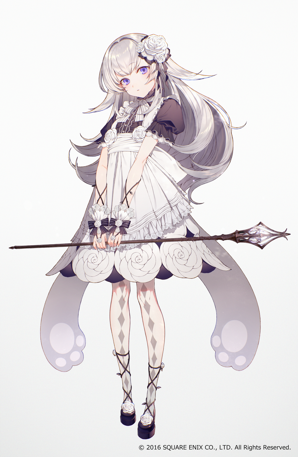 1girl, apron, argyle, argyle_legwear, black_shirt, black_shoes, bow, buttons
