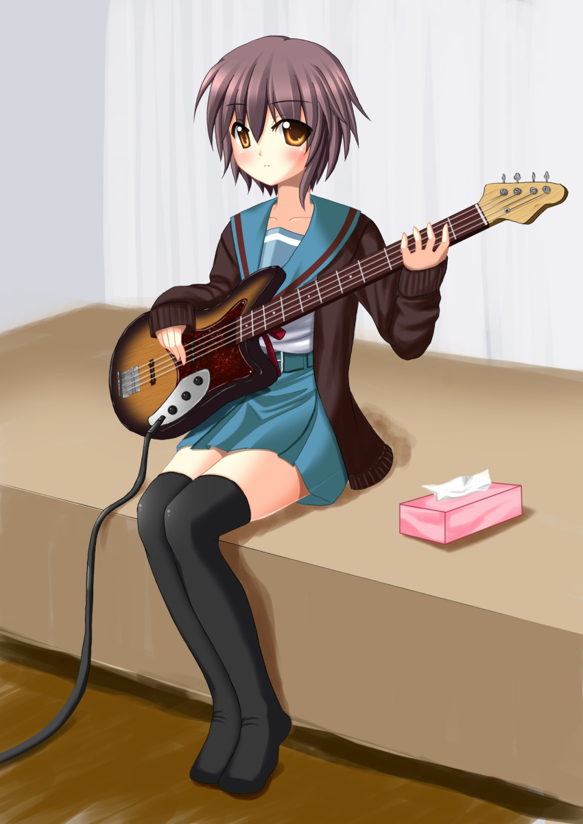 bass, bass_guitar, blush, cardigan, highres, instrument, nagato_yuki, school_uniform