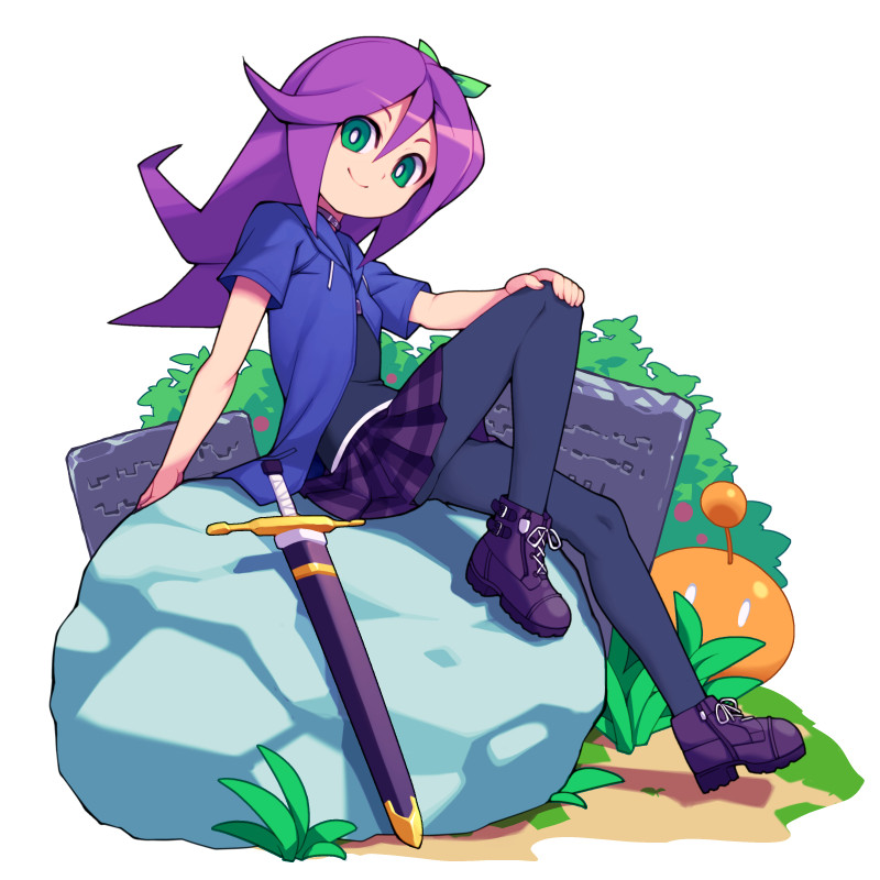 abigail_(stardew_valley), bow, choker, cross-laced_footwear, grass, green_eyes, hand_on_own_knee, hood