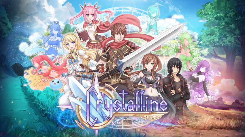 2boys, 6+girls, ahoge, amelia_estelle, armor, armored_dress, belt, black_coat