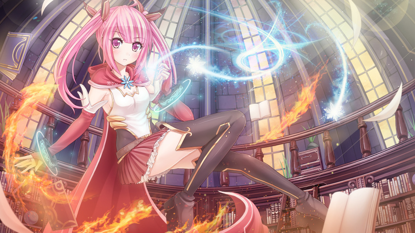 1girl, ahoge, amelia_estelle, belt, book, bookshelf, boots, bow