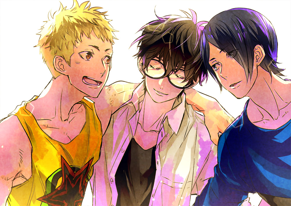 3boys, black_hair, blonde_hair, blue_eyes, blue_hair, brown_eyes, closed_eyes, collarbone