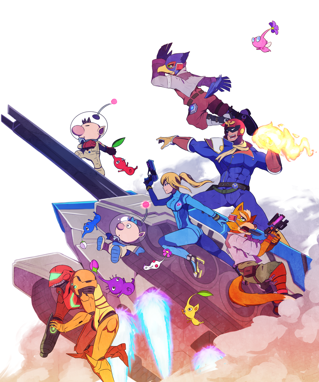 2girls, alph_(pikmin), arm_cannon, blonde_hair, blue_eyes, bodysuit, brown_hair, captain_falcon, dual_persona, f-zero, falco_lombardi, falcon_punch, flower, fox_mccloud, furry, gloves, ground_vehicle, gun, helmet, highres, landmaster, long_hair, metroid, military, military_vehicle, mole, mole_under_mouth, motor_vehicle, multiple_boys, multiple_girls, olimar, pikmin, pikmin_(creature), pikmin_3, pointy_ears, ponytail, samus_aran, simple_background, skin_tight, star_fox, super_smash_bros., tail, tank, varia_suit, weapon, white_background, zero_suit