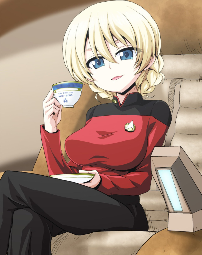 1girl, :d, black_pants, blonde_hair, blue_eyes, blurry, blurry_background, braid