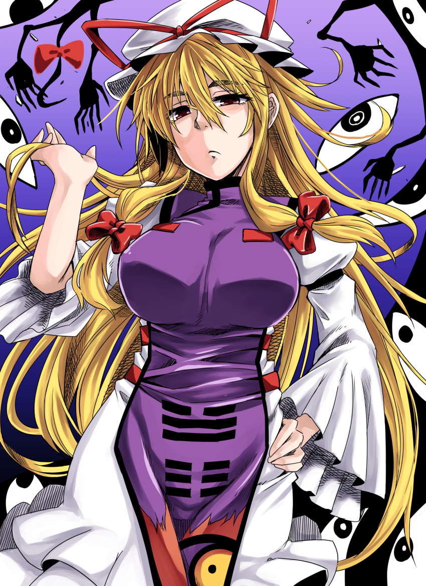 1girl, blonde_hair, bow, breasts, closed_mouth, cowboy_shot, dress, eyes
