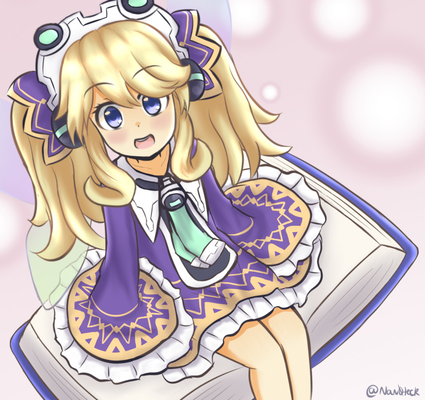 1girl, blonde_hair, blue_eyes, blush, book, choujigen_game_neptune, dress, eyebrows_visible_through_hair