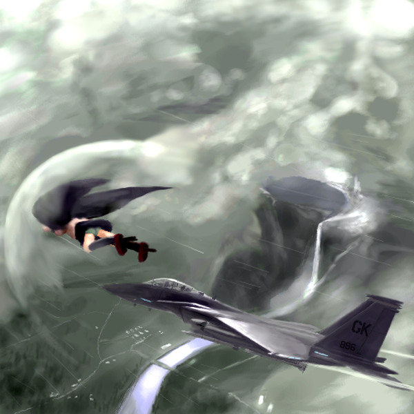 airplane, chipika, cloud, commentary, condensation_trail, f-15, flying, geta, military, parody, prandtl&ndash;glauert_singularity, prandtl-glauert_singularity, rain, shameimaru_aya, skirt, sonic_boom, tengu-geta, touhou, wings