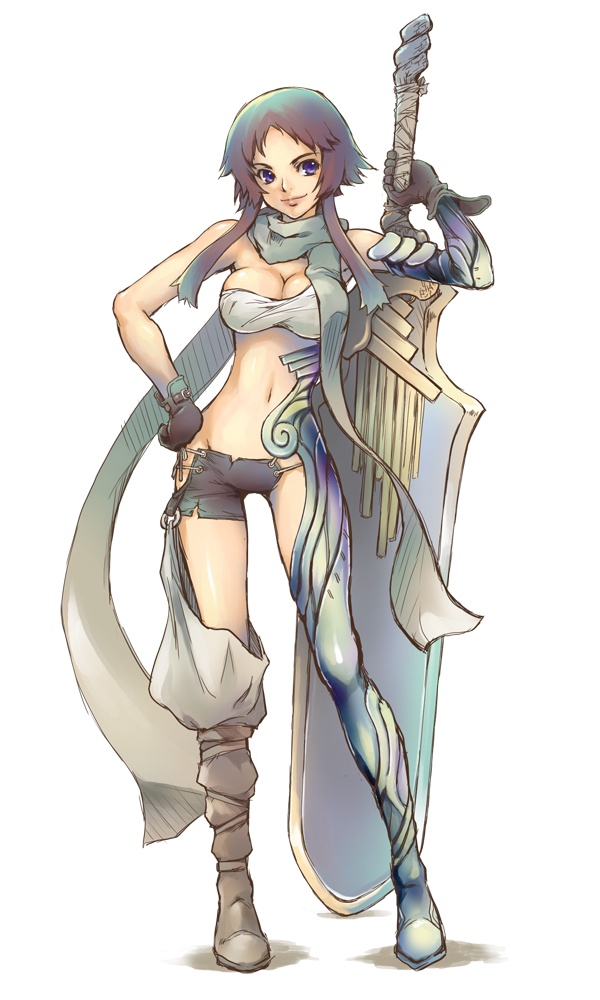 blue_eyes, breasts, brown_hair, cleavage, gloves, huge_sword, huge_weapon, kikurage