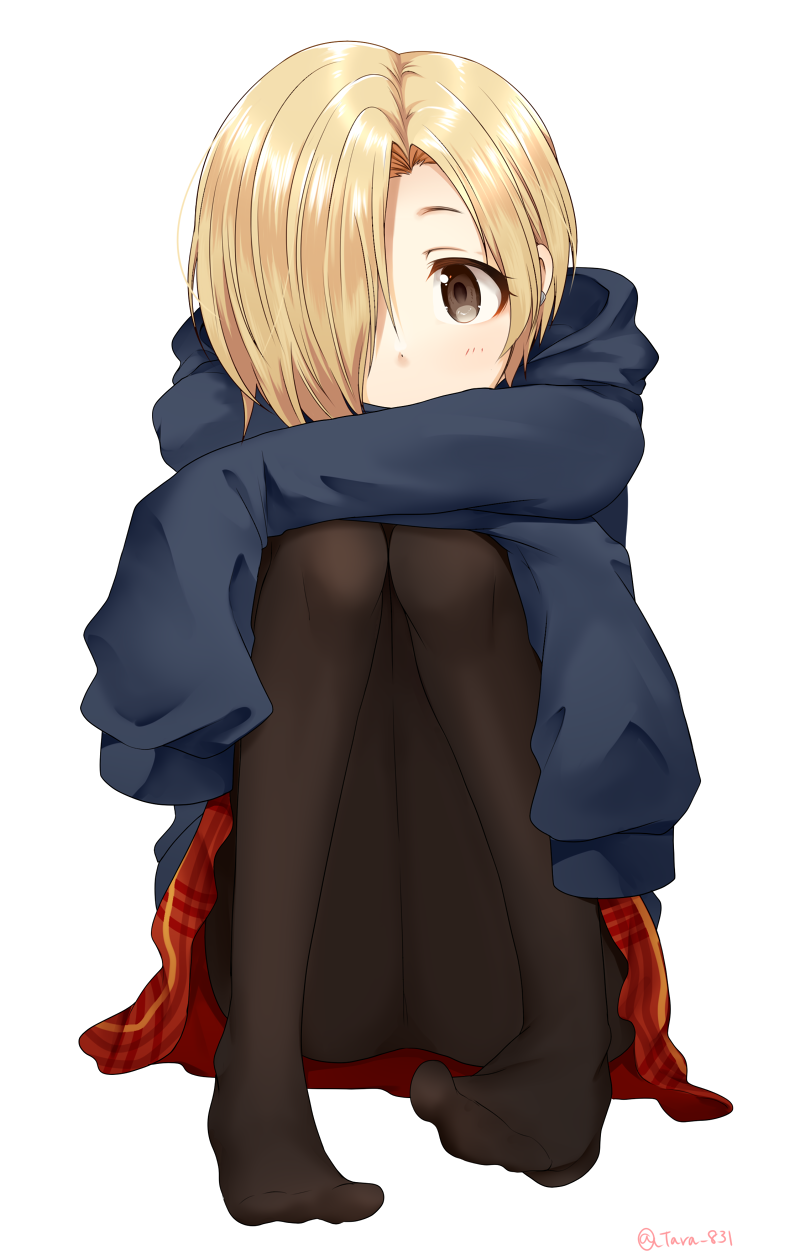 1girl, bangs, black_legwear, blonde_hair, brown_eyes, ear_piercing, hair_over_one_eye, hands_in_sleeves