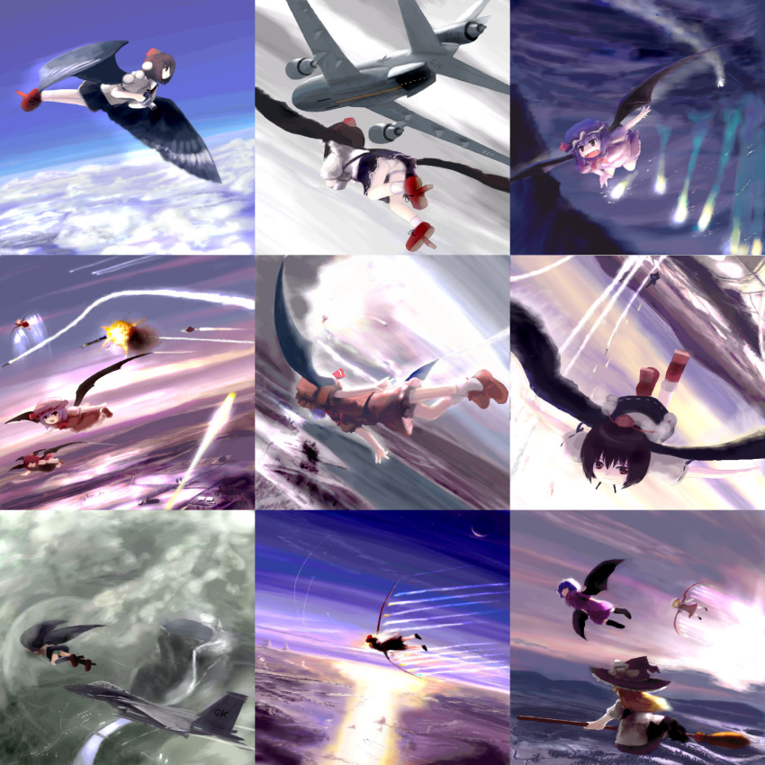 airplane, alternate_wings, broom, broom_riding, camera, chipika, cloud, condensation_trail, dc-10, explosion, flandre_scarlet, flying, geta, hat, highres, kirisame_marisa, koakuma, mcdonnell_douglas_kc_10, missile, parody, prandtl-glauert_singularity, rain, remilia_scarlet, shameimaru_aya, sky, tengu-geta, touhou, wings, witch_hat
