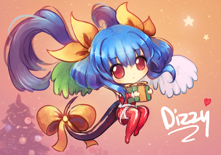 1girl, alternate_color, asymmetrical_wings, birthday, blue_hair, bow, box, chibi