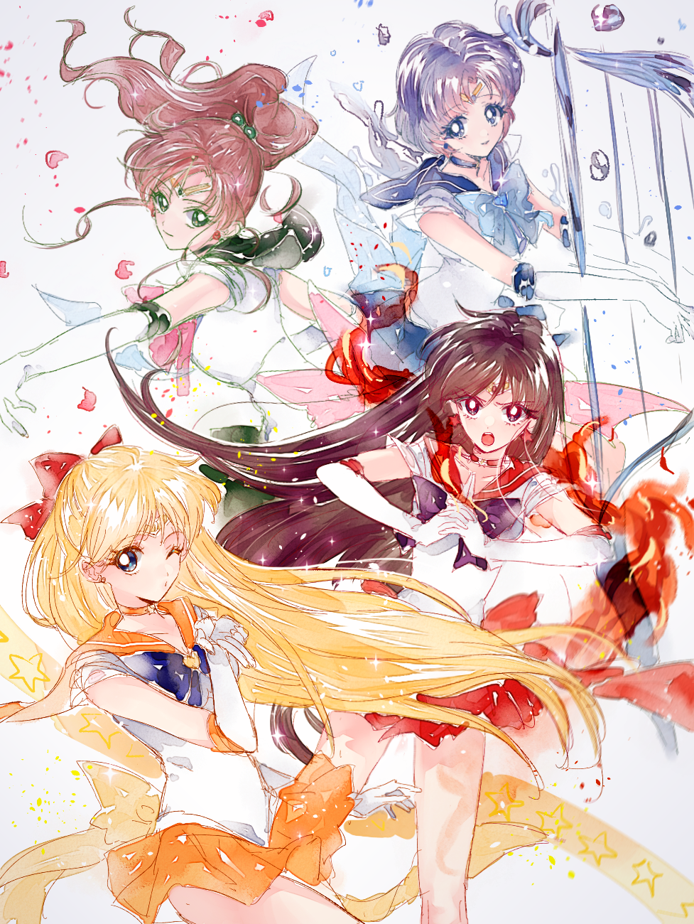 4girls, ahma, aino_minako, bishoujo_senshi_sailor_moon, black_hair, blonde_hair, blue_choker, blue_eyes, blue_hair, blue_sailor_collar, blue_skirt, bow, brown_hair, elbow_gloves, gloves, green_choker, green_eyes, green_sailor_collar, green_skirt, hair_bobbles, hair_bow, hair_ornament, highres, hino_rei, inner_senshi, kino_makoto, long_hair, looking_at_viewer, magical_girl, mercury_harp, mizuno_ami, multiple_girls, orange_bow, orange_choker, orange_sailor_collar, orange_skirt, petals, pink_bow, ponytail, purple_bow, red_bow, red_choker, red_sailor_collar, red_skirt, sailor_jupiter, sailor_mars, sailor_mercury, sailor_senshi, sailor_venus, short_hair, skirt, smile, tiara, violet_eyes, white_gloves