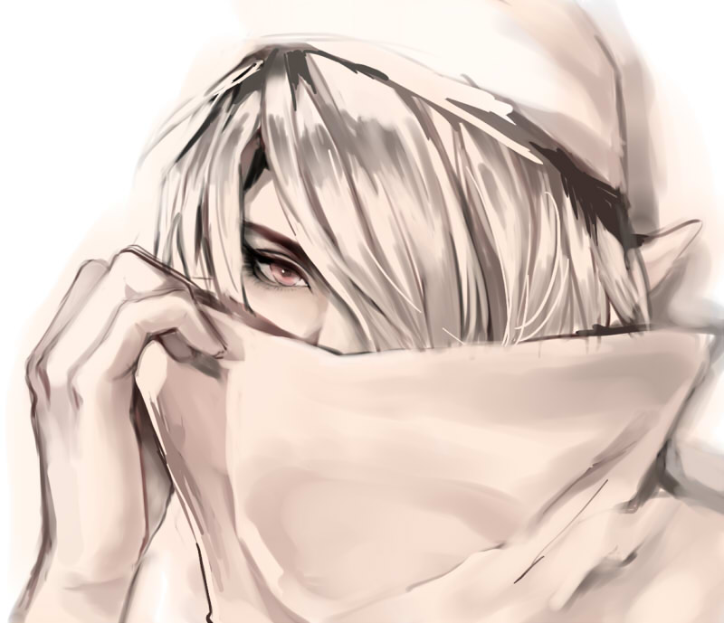 1girl, androgynous, bandage, braid, hat, jun, long_hair, looking_at_viewer, mask, monochrome, red_eyes, reverse_trap, sheik, solo, the_legend_of_zelda, the_legend_of_zelda:_ocarina_of_time, the_legend_of_zelda:_twilight_princess