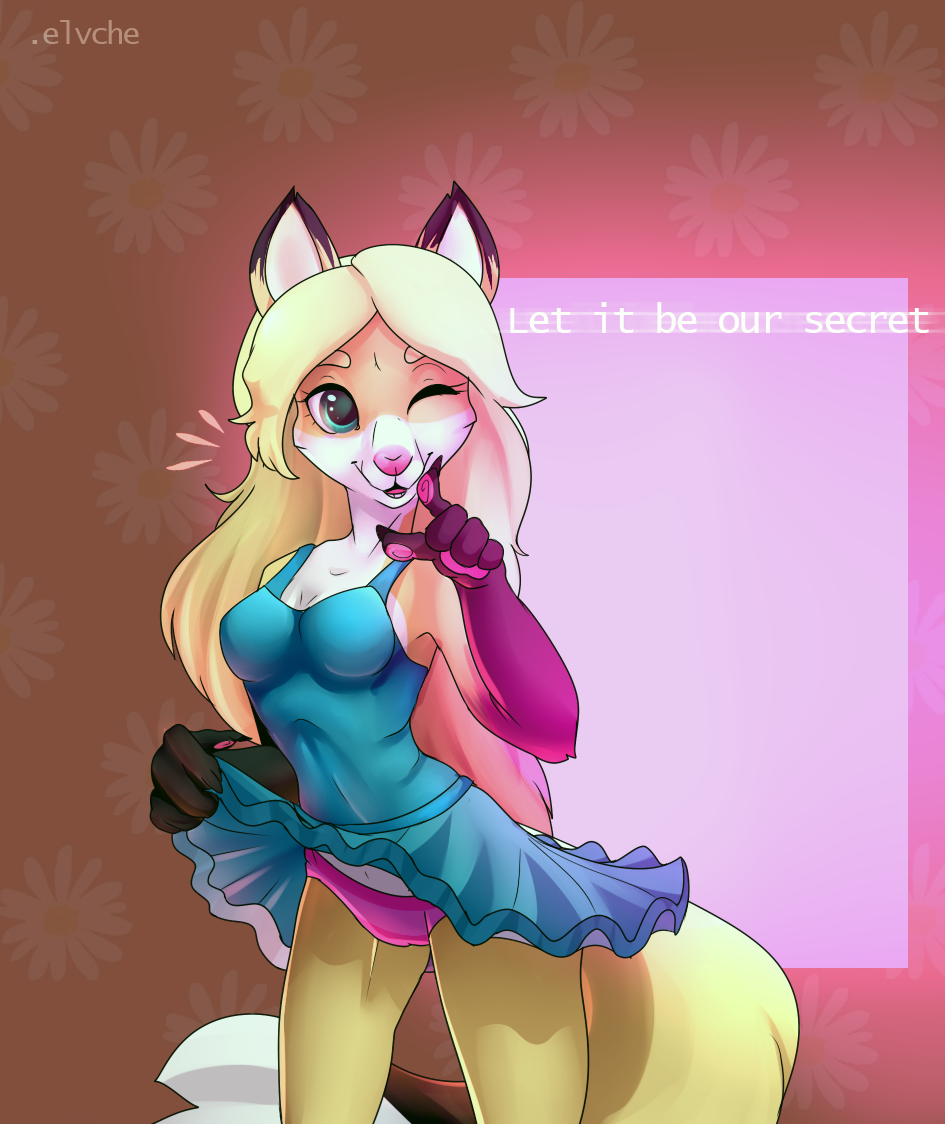 ;d, animal_hair, anthro, artist_name, bad_anatomy, bare_shoulders, blonde_hair, blue_dress, breasts, collarbone, cowboy_shot, dress, dress_lift, elvche, english, fingernails, floral_background, furry, green_eyes, index_finger_raised, lifted_by_self, long_gair, long_hair, looking_at_viewer, oc, one_eye_closed, open_mouth, panties, pink_panties, purple_panties, sharp_fingernails, sleeveless, sleeveless_dress, small_breasts, smile, standing, tail, thick_eyebrows, underwear, upskirt, very_long_hair