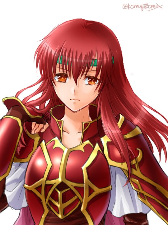 1girl, armor, breastplate, fire_emblem, fire_emblem:_mystery_of_the_emblem, fire_emblem:_shin_ankoku_ryuu_to_hikari_no_tsurugi, fire_emblem:_shin_monshou_no_nazo, headband, komugikomix, long_hair, looking_at_viewer, minerva_(fire_emblem), pauldrons, red_eyes, redhead, solo, twitter_username
